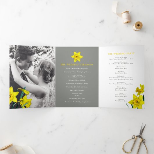Frühlingsblumen Narzissen Hochzeitgelb grau Dreifach-gefaltete Programmkarte (Innenseite)