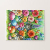 Frühlingsblumen Ostereier und Kätzchen im Garten  Puzzle (Horizontal)