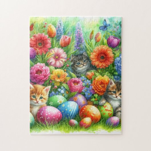 Frühlingsblumen Ostereier und Kätzchen im Garten  Puzzle (Vertikal)
