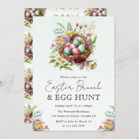 Frühlingsblumen Osterkörbe Brunch Einladung (Vorne/Hinten)