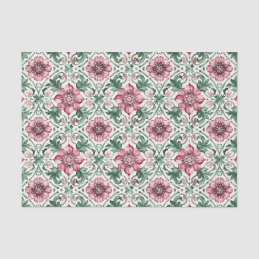 Frühlingsblumen Rot Grün Fliesenmuster Decoupage Seidenpapier (Vorderseite)