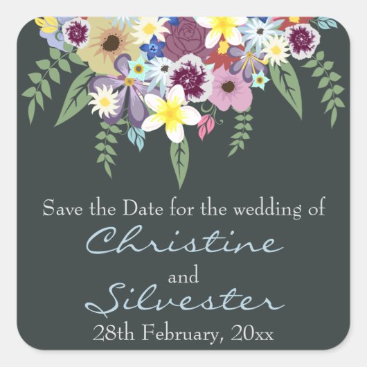 Frühlingsblumen, Save the Date. Quadratischer Aufkleber (Vorderseite)