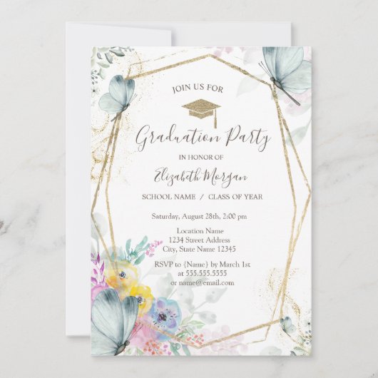 Frühlingsblumen, Schmetterlinge, Grad Kappe, Absch Einladung (Vorderseite)