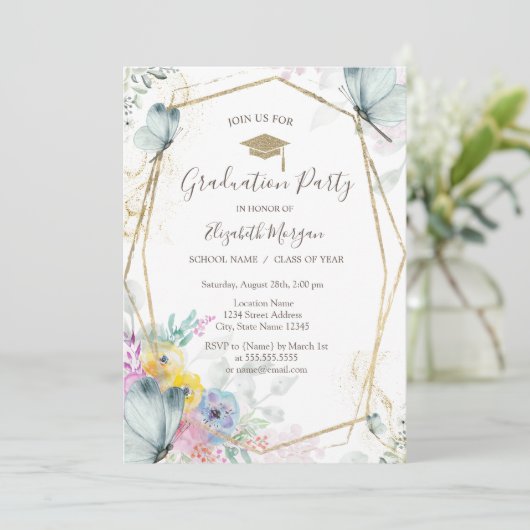 Frühlingsblumen, Schmetterlinge, Grad Kappe, Absch Einladung (Stehend Vorderseite)