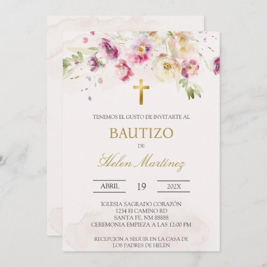 Frühlingsblumen Spanische Taufe Einladung (Vorne/Hinten)