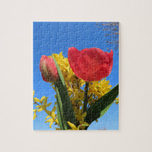 Frühlingsblumen, Tulpen, farbig + Blume, blau Puzzle