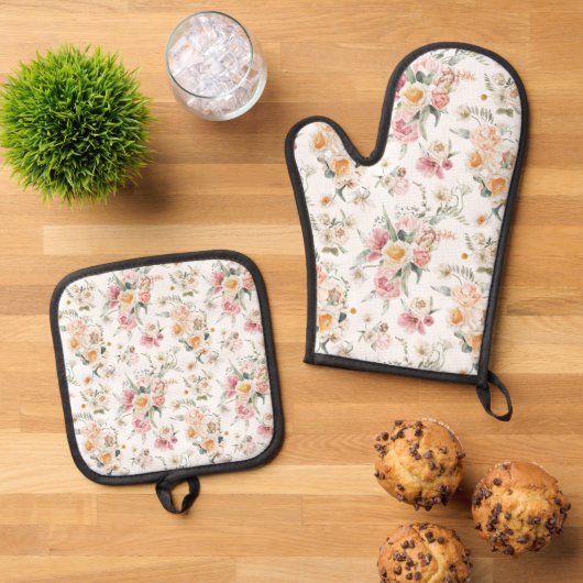 Frühlingsblumen Tulpen Ofenhandschuh & Topflappen-Set (Oben Unten)