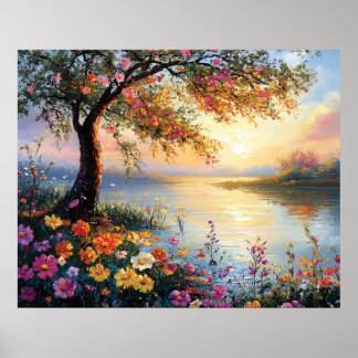 Frühlingsblumen- und Baumlandschaft Poster
