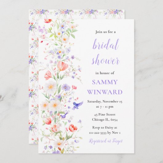 Frühlingsblumen und Brautparty von Vögeln Einladung (Vorne/Hinten)