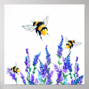 Frühlingsblumen und fliegende Bienen Poster Malere