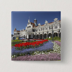 Frühlingsblumen und historischer Bahnhof, Button