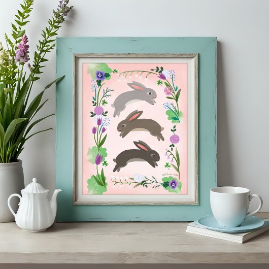 Frühlingsblumen und Kaninchen, die springen | Poster