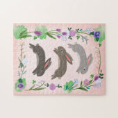 Frühlingsblumen und Kaninchen, die springen | Puzzle (Horizontal)