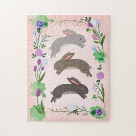 Frühlingsblumen und Kaninchen, die springen | Puzzle