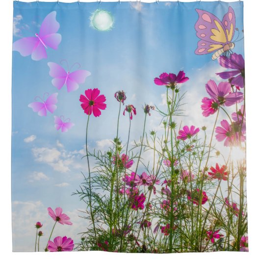 Frühlingsblumen und Schmetterling Duschvorhang (Vorderseite)