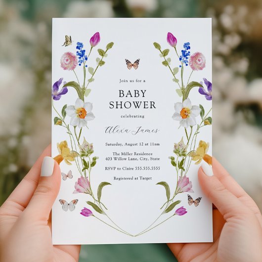 Frühlingsblumen und Schmetterlinge Babydusche Einladung