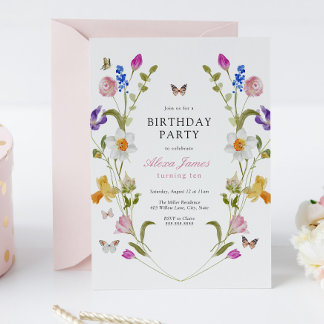 Frühlingsblumen und Schmetterlinge zum Geburtstag Einladung