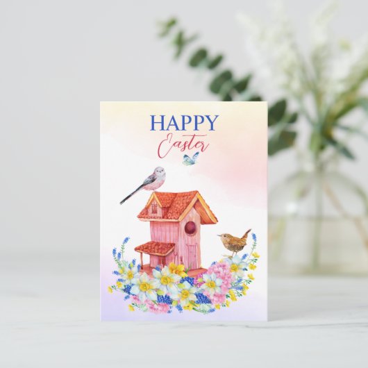 Frühlingsblumen und Vogelhaus glücklich Ostern Postkarte (Stehend Vorderseite)