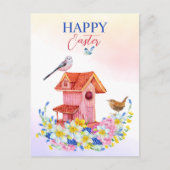 Frühlingsblumen und Vogelhaus glücklich Ostern Postkarte (Vorderseite)