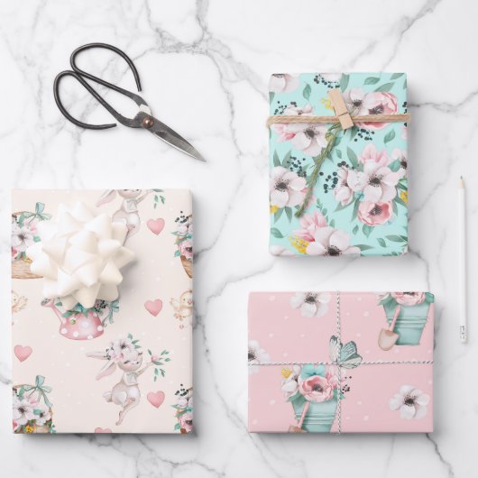 Frühlingsblumen-Verpackungspapierbögen in Pastell Geschenkpapier Set (Vorderseite)