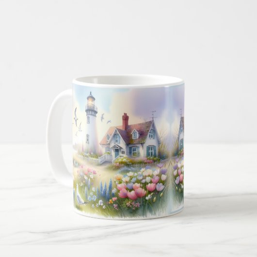 Frühlingsblumen von Lighthouse Coastal Hütte Kaffeetasse (Vorderseite Links)