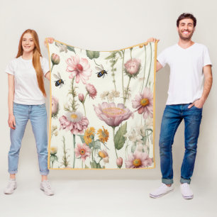 Frühlingsblumen Wasserfarben Rosa Gelbe Bienen Fleecedecke