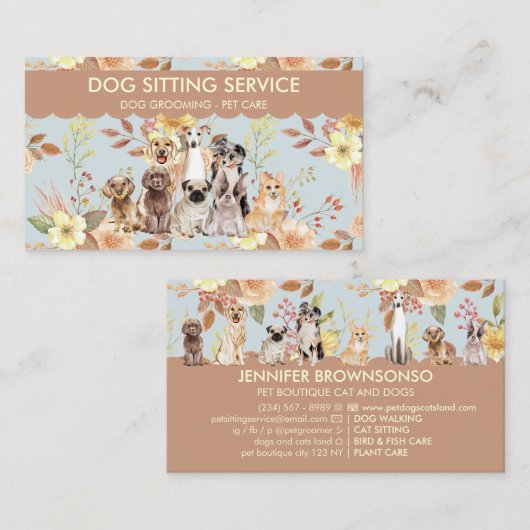 Frühlingsblumen Wasserfarbenhunde Visitenkarte (Vorne/Hinten)
