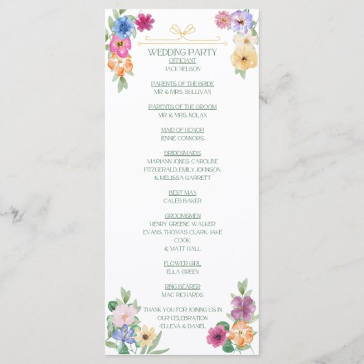 Frühlingsblumen-Wildblumen-Hochzeitsprogramm Programm (Rückseite)