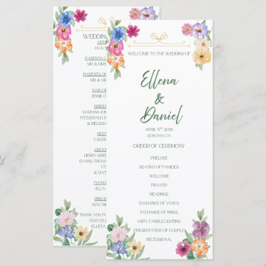 Frühlingsblumen-Wildblumen-Hochzeitsprogramm Programm (Vorne/Hinten)