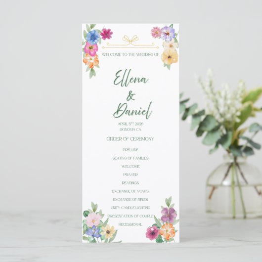 Frühlingsblumen-Wildblumen-Hochzeitsprogramm Programm (Stehend Vorderseite)