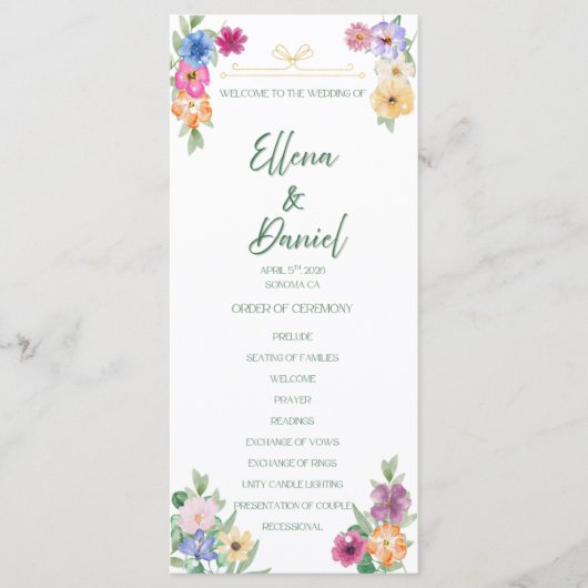 Frühlingsblumen-Wildblumen-Hochzeitsprogramm Programm (Vorderseite)