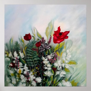 Frühlingsblumenfeld mit Pfefferkuchen und Schmette Poster