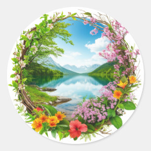 Frühlingsblumenkranz umrahmt ruhigen Berg Runder Aufkleber