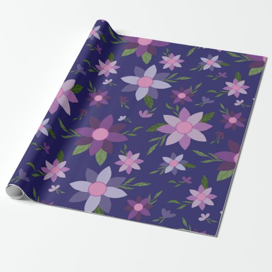 Frühlingsblumenmuster auf blauem Hintergrund Geschenkpapier (Ungerollt)