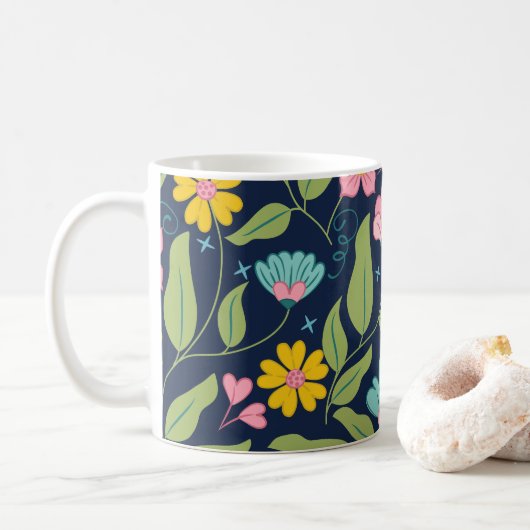 Frühlingsblumenmuster auf Dunkelblau Kaffeetasse (Mit Donut)