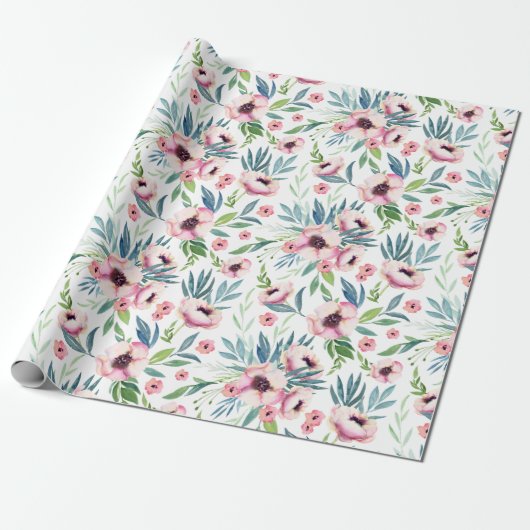 Frühlingsblumenmuster in Rosa Geschenkpapier (Ungerollt)
