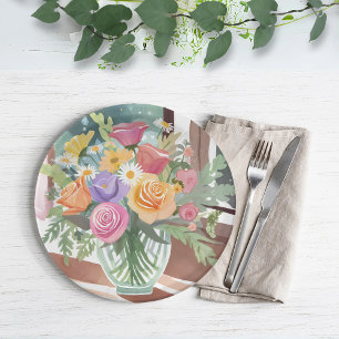 Frühlingsblumenstrauß Blumen Vase Wasserfarbe Pappteller