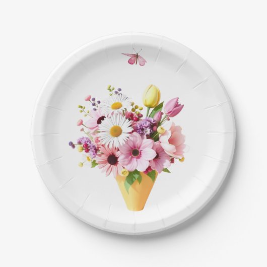Frühlingsblumenstrauß mit Schmetterling Pappteller (Vorderseite)