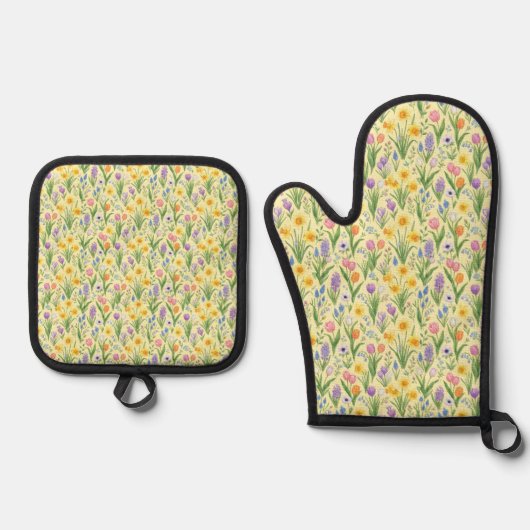 Frühlingsblüten-Explosion-Muster Ofenhandschuh & Topflappen-Set (Vorderseite)