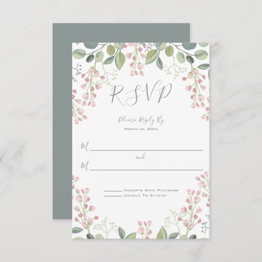 Frühlingsblüten Rosa Blütenminze Grüne Hochzeit RSVP Karte (Vorne/Hinten)