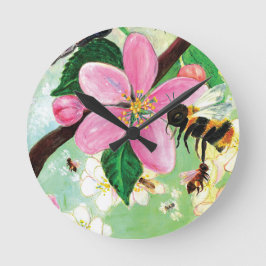 Frühlingsblütenbaum mit Bienen Runde Wanduhr