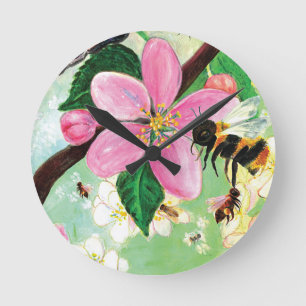 Frühlingsblütenbaum mit Bienen Runde Wanduhr