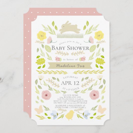 Frühlingsblütenblütendusche Pink Girl Babydusche Einladung (Vorne/Hinten)