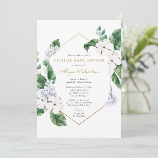 Frühlingsblüter Virtual Baby Dusche blau weißes Go Einladung (Stehend Vorderseite)