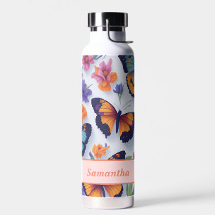 Frühlingsbunte Schmetterlinge und Blumen Trinkflasche