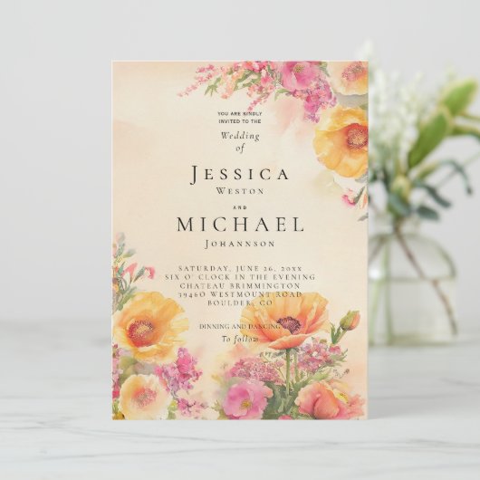 Frühlingscotecore Pink and Peach Wedding Einladung (Stehend Vorderseite)