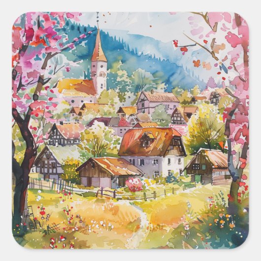 Frühlingsdorf Quadratischer Aufkleber (Vorderseite)
