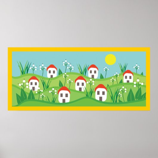 Frühlingsdorf, rote Dachhäuser angepasstes Poster (Vorne)