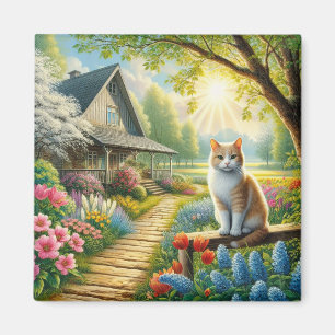 Frühlingserie Hütte/Garten & Katze Magnet