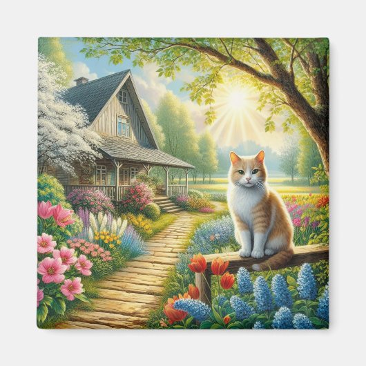 Frühlingserie Hütte/Garten & Katze Magnet (Vorne)